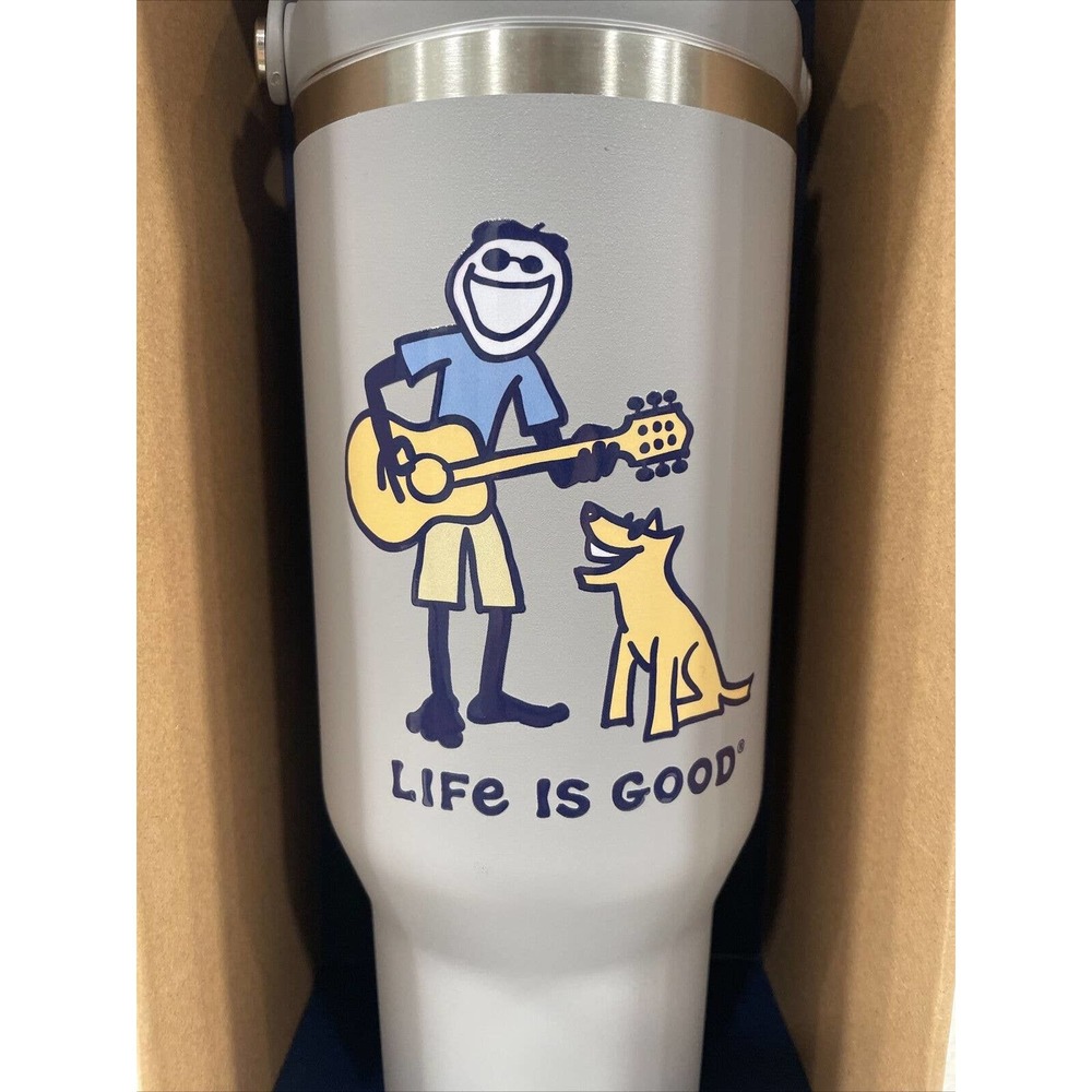 GUITAR & DOG 40oz Gray Steel Tumbler & Straw Cup Holder Friendly Life Is Good